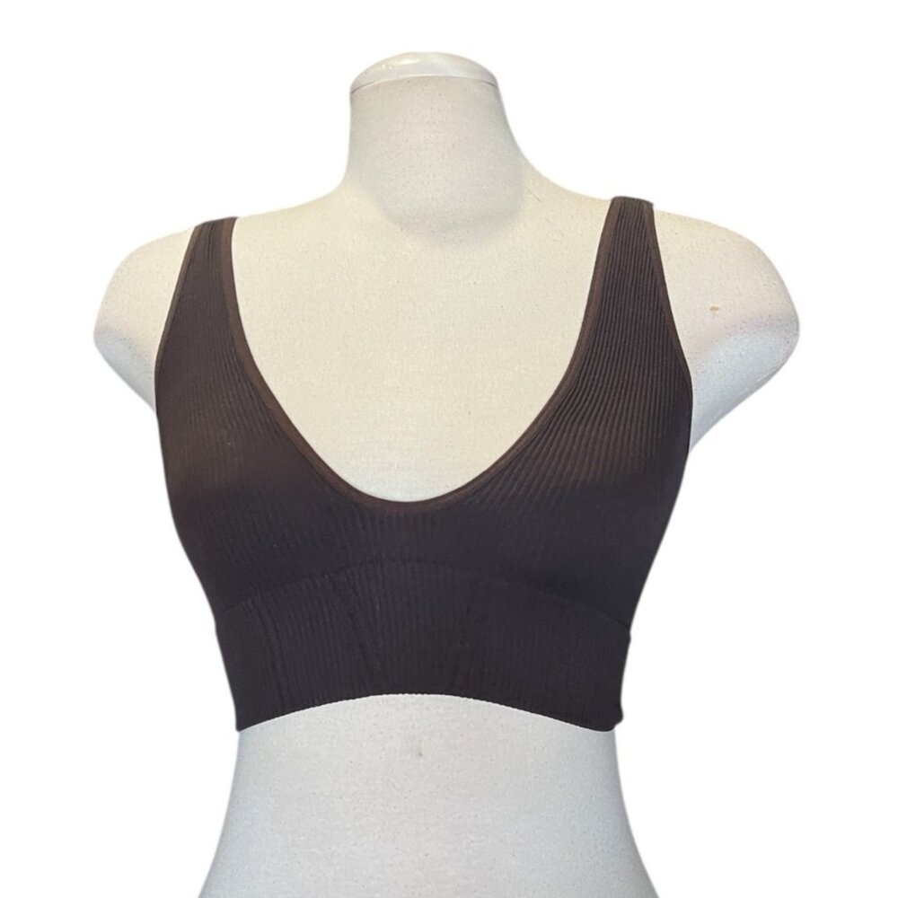 NUX Ribbed Deep V Neck Casual Ribbed Bra Sz Small Womens Brown